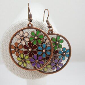 Flower Power Boho Bronze Tone Round Drop Earrings Multicolor Cutout 2.25" Dia